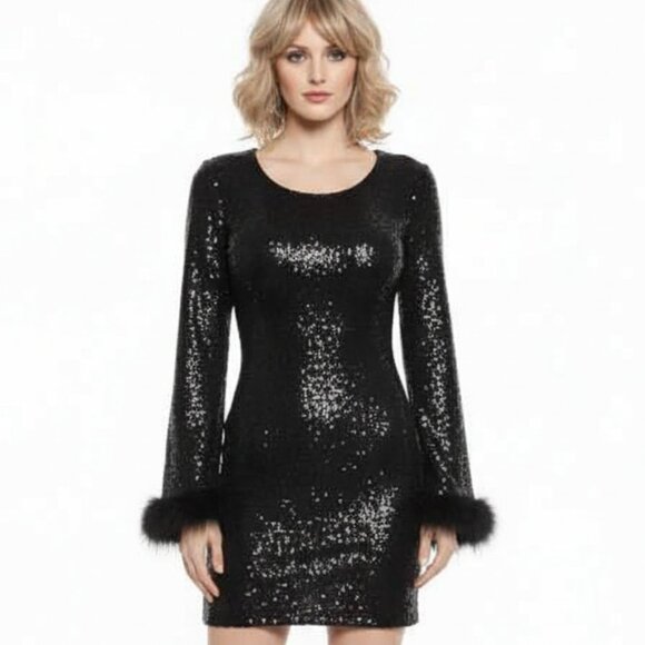 Crystal Doll Dresses & Skirts - Glamorous Crystal Doll Black Sequin Mini Dress with Feather-Trim Sleeves Sz S